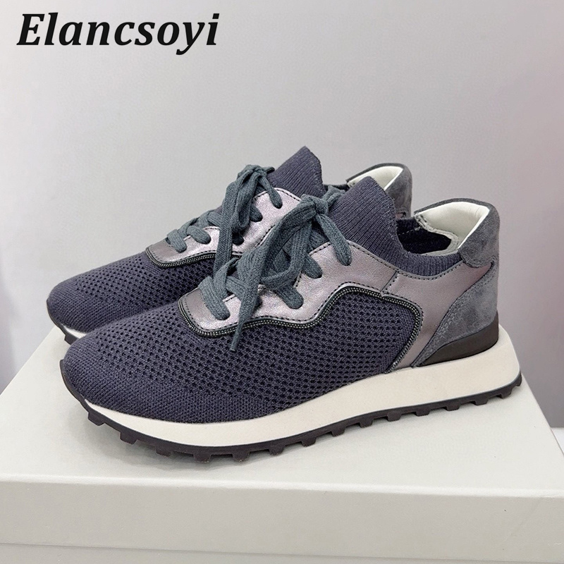 Knit Fabric Lace Up Sneakers - Flat Shoes Women String Bead Knitting