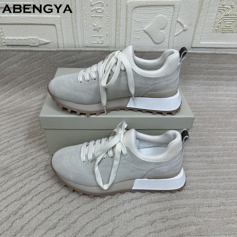2025 White Knitted Suede Flat  - Knit Fabric Lace Up Sneakers review and price